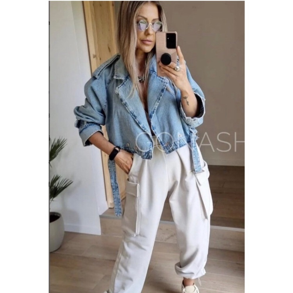 Zara TRF Denim Cropped Trench Coat Blue Jacket S - Picture 10 of 15